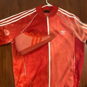 Red Adidas Track Jacket with matching Shoes